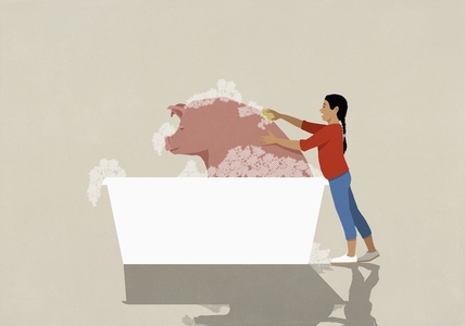 Girl giving pet pig a bubble bath washing bag with sponge