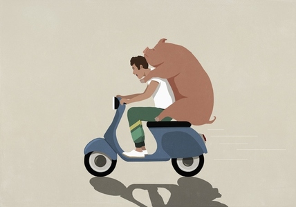 Man and free rider pig riding motor scooter together