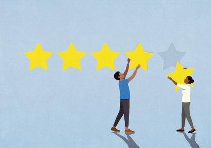 Couple rating placing five stars on blue background
