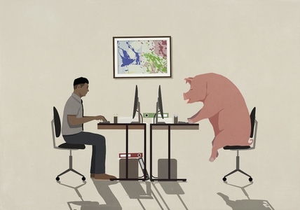 Businessman and pig working at computers in office