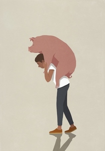 Tired man piggybacking freeloading pig