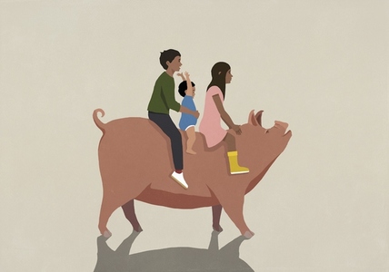 Father and kids riding pig