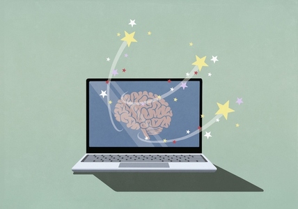 Stars emitting from brain on laptop screen