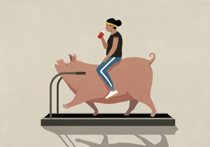 Woman sitting and drinking on pig walking on treadmill