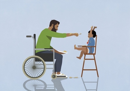 Father in wheelchair feeding messy baby in high chair