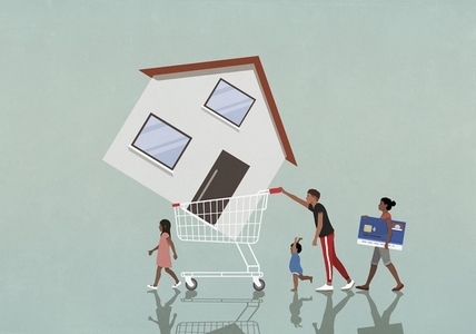 Family with credit card pushing house in shopping cart