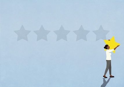Woman removing rating star from blue background