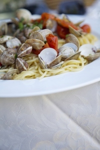 Close up of seafood spaghetti with clams
