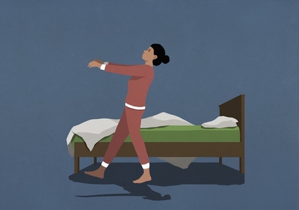 Woman in pajamas sleepwalking along bed in nighttime bedroom