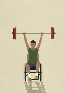 Portrait confident strong male athlete with disabilities in wheelchair holding barbell overhead