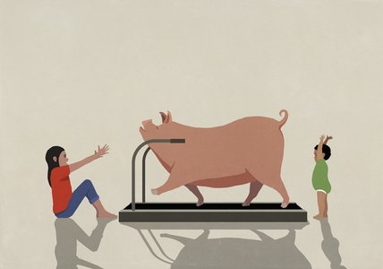 Kids cheering for pig exercising on treadmill