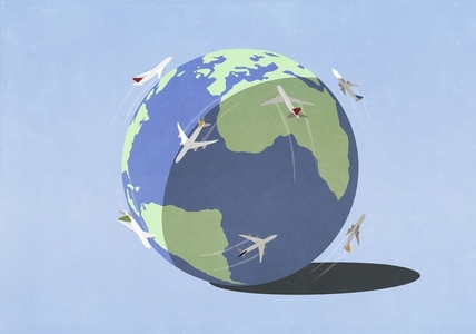 Airplanes flying around globe
