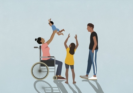 Family watching happy mother in wheelchair playing with baby