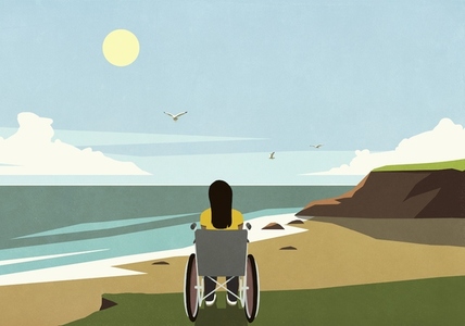 Serene woman in wheelchair looking at idyllic summer ocean beach view from cliff