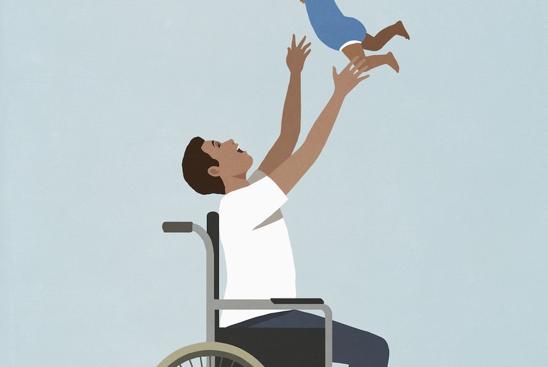 Happy playful father in wheelchair catching baby son overhead