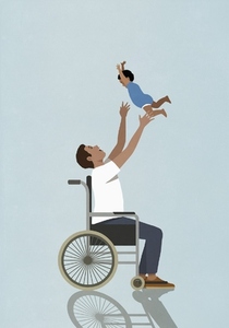 Happy playful father in wheelchair catching baby son overhead
