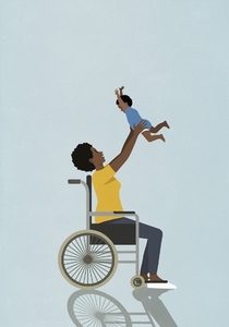 Happy mother in wheelchair playing with excited baby son holding overhead