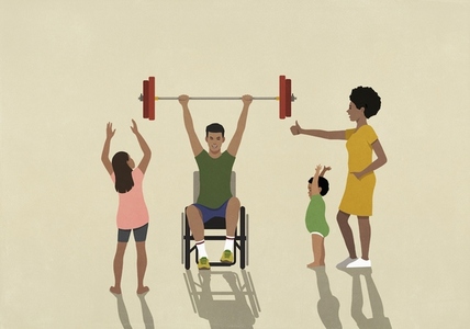 Family cheering for father in wheelchair lifting barbell overhead