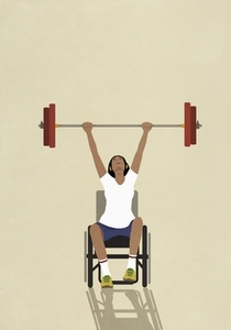 Happy strong determined woman in wheelchair weightlifting barbell overhead