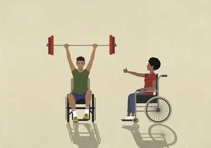 Woman in wheelchair encouraging cheering for male friend weightlifting barbell overhead