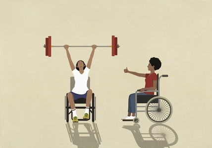 Woman in wheelchair cheering for strong determined friend weightlifting barbell overhead