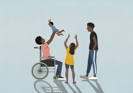 Family watching happy mother in wheelchair playing with baby son lifting overhead