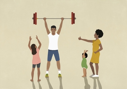 Happy family cheering for strong father weightlifting barbell overhead