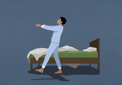 Man in pajamas sleepwalking along bed in nighttime bedroom