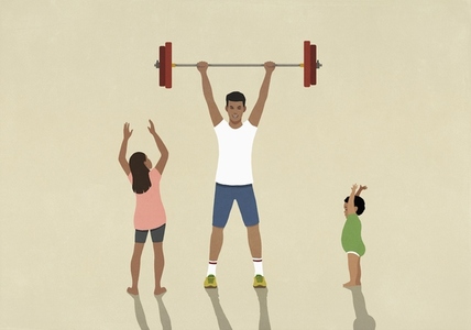 Supportive children cheering for strong father weightlifting barbell overhead