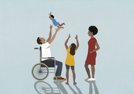Happy family watching father in wheelchair playing lifting baby son overhead