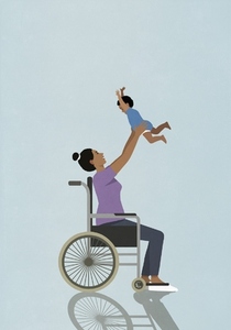 Happy mother in wheelchair playing lifting baby son overhead