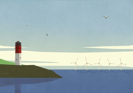 Seagulls flying over lighthouse and wind turbines over tranquil ocean
