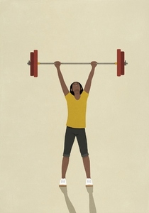 Happy strong determined woman weightlifting barbell overhead