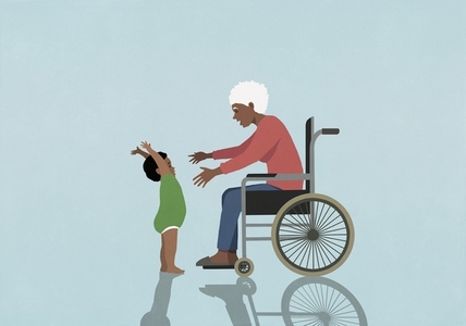 Senior grandmother in wheelchair reaching for baby grandson