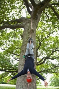 Portrait of a climber hanging upside down from tree