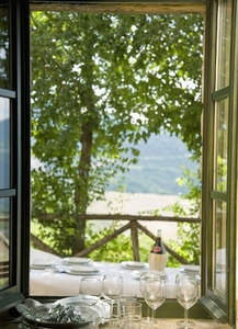 View from open window with tableware