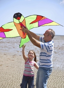 Portrait of father and daughter flying a kite