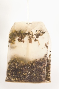 Close up of a wet bag of green tea