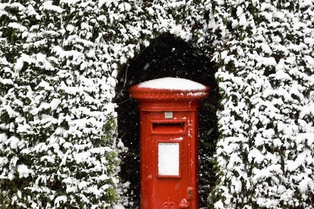British post box surrounded by hedging covered in snow