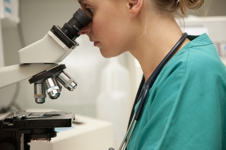 Lab technician looking into microscope
