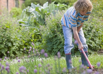 Young boy digging with hoe and fork in the garden