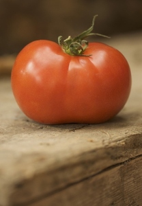 Close up of a red vine tomato on a wooden surface
