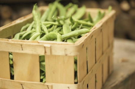 Close up of a wooden crate filled with broad beans