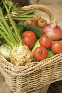 Close up of wicker basket filled with mixed vegetables