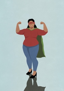 Portrait confident woman in superhero cape flexing biceps