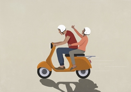 Happy couple in helmets speeding on motor scooter