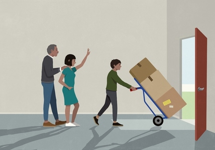 Parents waving goodbye to college son moving boxes