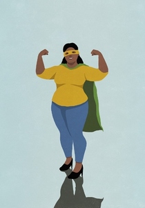 Portrait happy confident woman flexing biceps in superhero cape and mask
