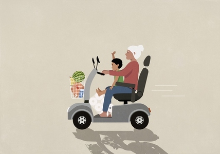 Grandmother and happy grandson grocery shopping in motorized wheelchair