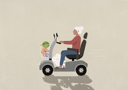 Senior woman in motorized wheelchair grocery shopping